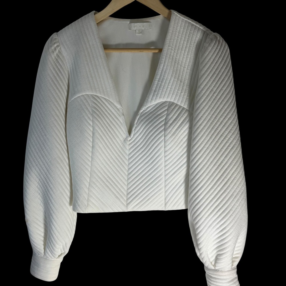 Eri + Ali White Quilted Puff Sleeve Cropped V-Neck‎ Top BE22453 Womens Medium